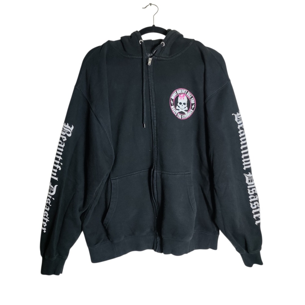 Beautiful Disaster Black Zip Up Hoodie Skull Pink Bow Graphic Curvy 1X Gothic